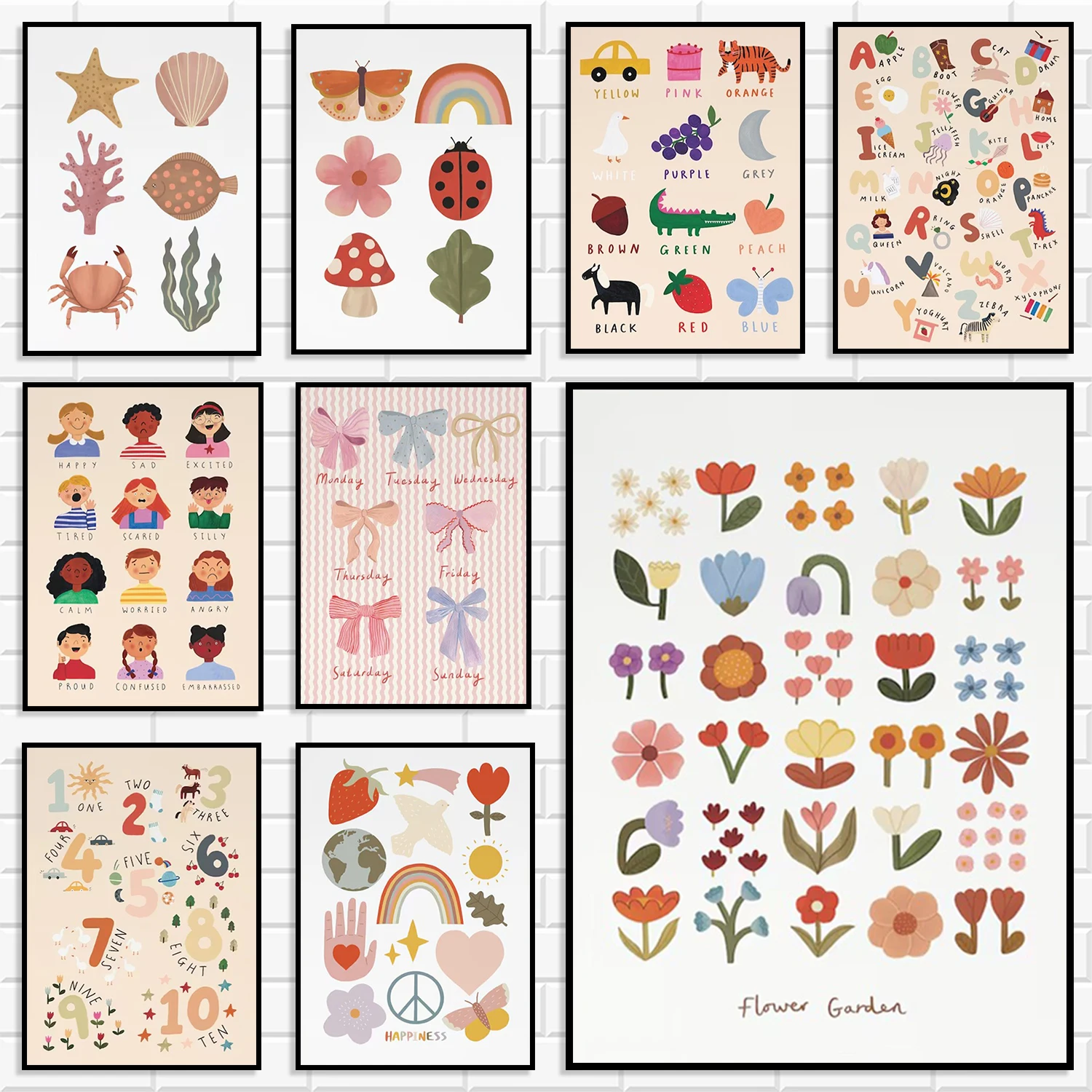 Boho Neutral Educational Kids Canvas Prints Alphabet Number Color Emotion Floral Sea Animal Nursery Home Wall Decor Poster