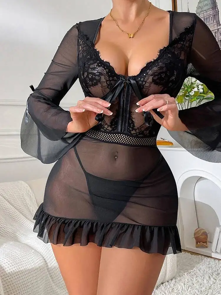 ชุดนอนแขนยาวผ้าลูกไม้ซีทรูแต่งผ้าตาข่าย ดีไซน์เซ็กซี่ คอวี โชว์สัดส่วน ชุดเดรสยาวคลุมสะโพก สวยหรู ดูมีเสน่ห์ รุ่น L9Z8