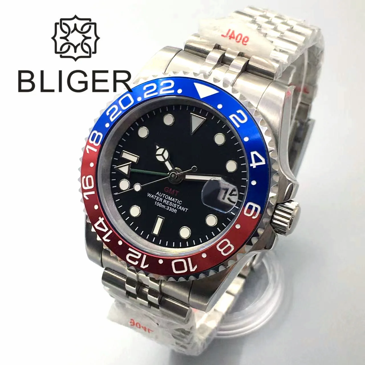 BLIGER 40mm zegarek nurkowy dla mężczyzn NH34 GMT automatyczna czarna tarcza czerwona litera Pepsi kolorowa ramka 120 kliknięcie ceramiczna