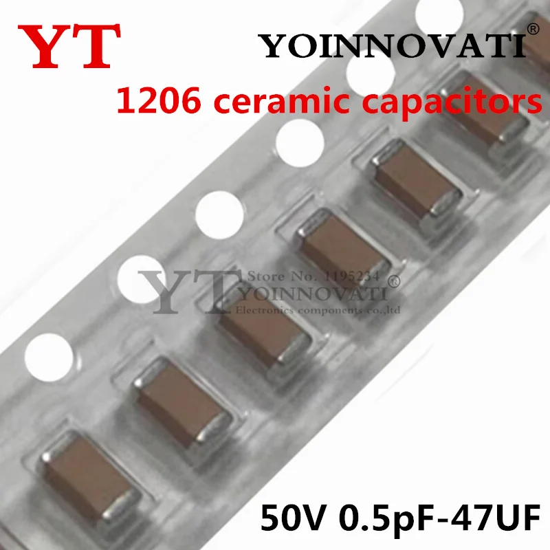 100PCS 1206 ceramic capacitors 50V 0.5pF-47UF 10pF 22pF 100pF 470pF 1nF 10nF 100nF 0.1uF 1uF 2.2uF 4.7uF 10uF 22uF 104K 105