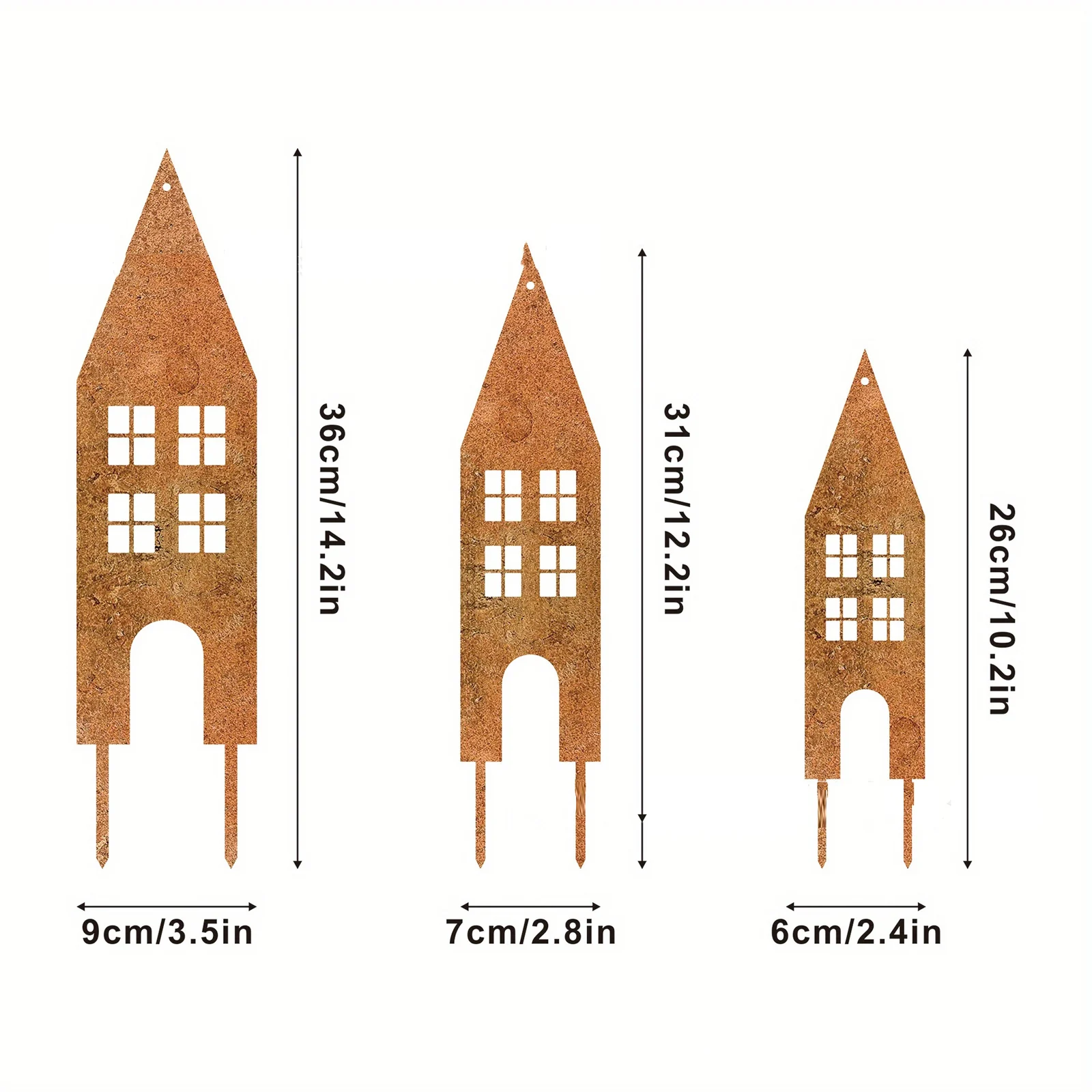 3Pcs Rusty Garden Stakes  Castle House Silhouette Set Christmas Garden Metal Decoration Rustic Courtyard Ornament