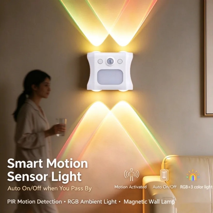 Punch Free Magnetic PIR Motion Sensor Wall Lamp Night Light USB Rechargeable Dimmable RGB Ambient Lights Bedroom Hallway Decor