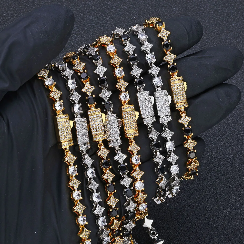 Bling Iced Out Star Tennis Chain Hip Hop Jewelry 5A CZ Diamond Black White Necklace for Women Best Couple Gift