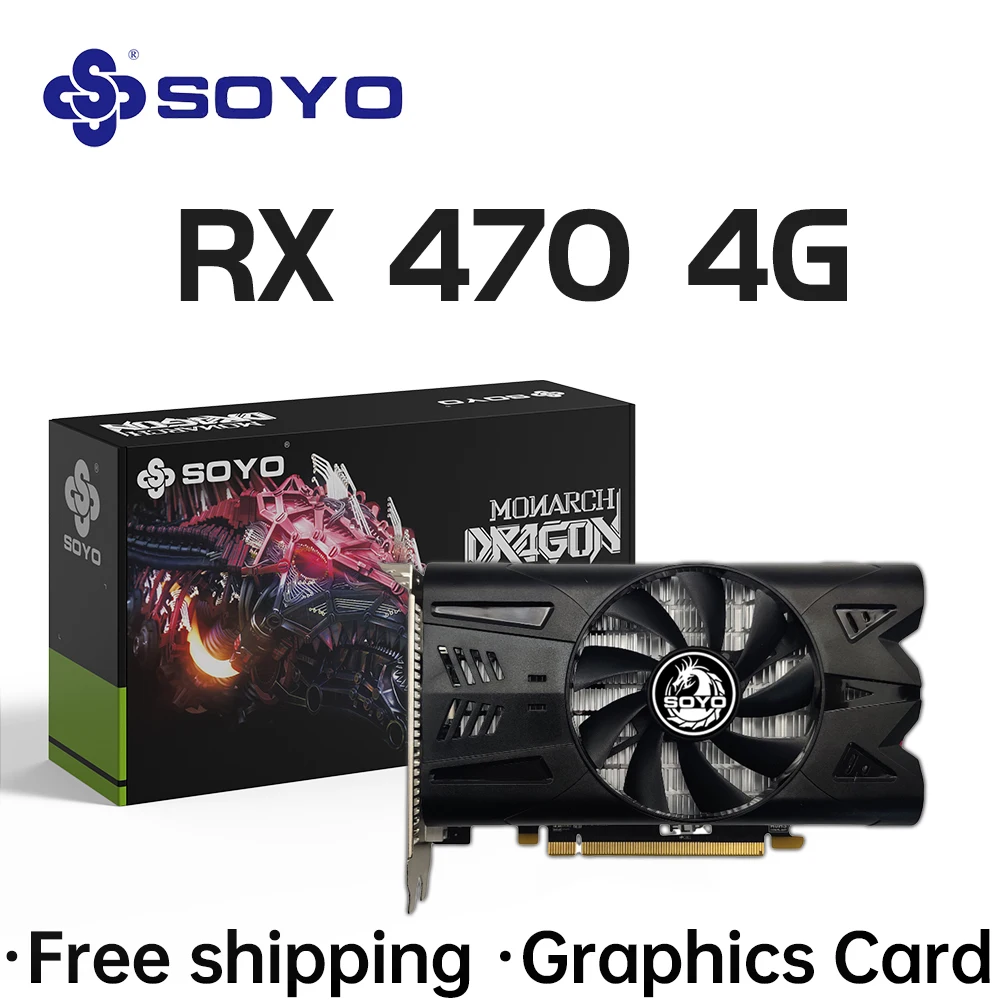 SOYO 그래픽 카드 AMD Radeon RX470 4G GDDR5 256 비트 비디오 카드, HDMI, DP, DVI, 데스크탑 게이밍 컴퓨터 부품, GPU, RX 470 