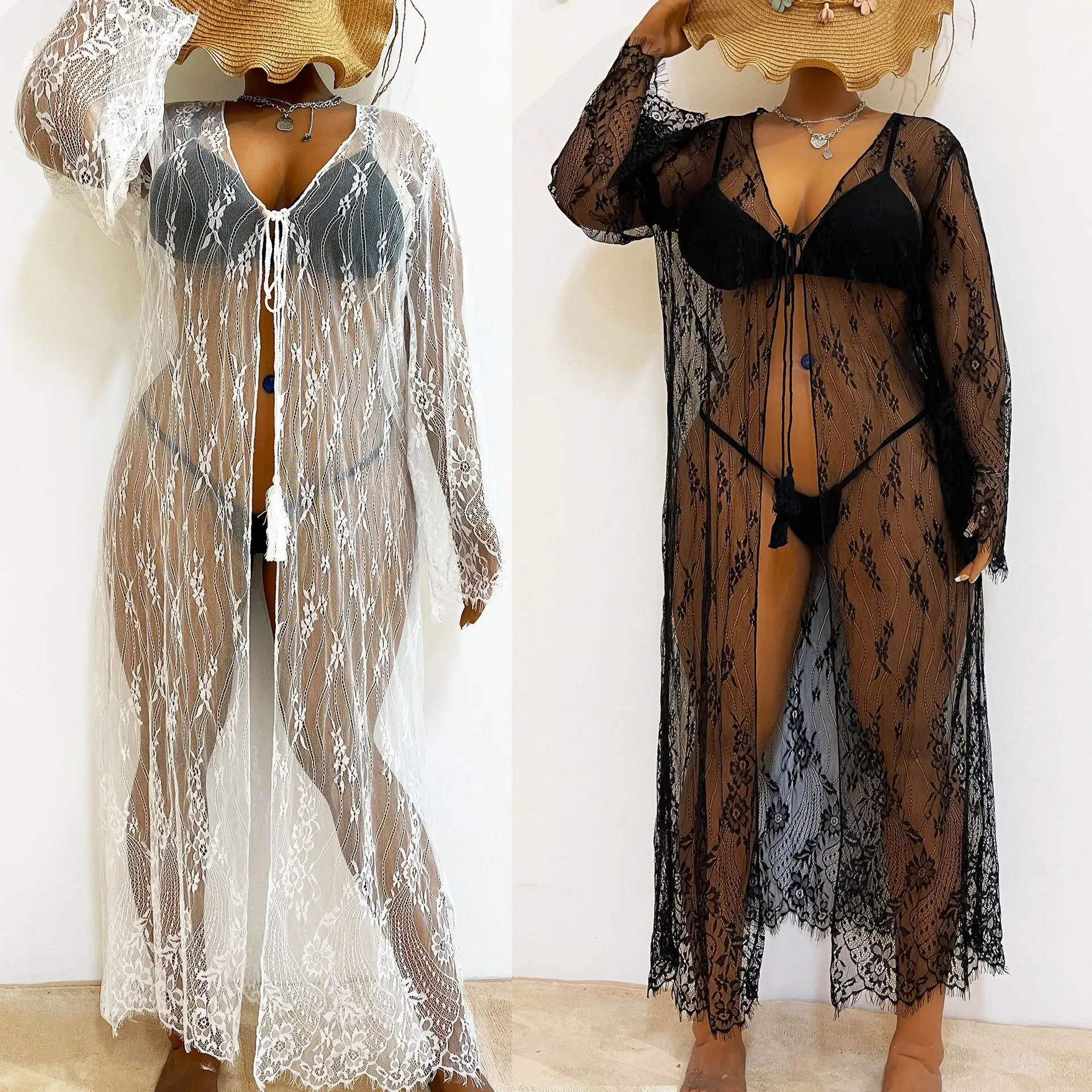 플러스 사이즈 섹시한 여성 맥시 쉬어 레이스 비치 비키니 커버 업 Sundress Oversize Cardigans See-through Lace-up Beachwear Long Sleeve