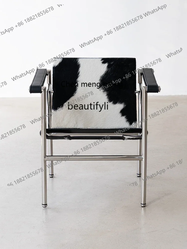 

New arrive Nordic, horsehair leather single armchair negotiation medieval stainless steel recliner