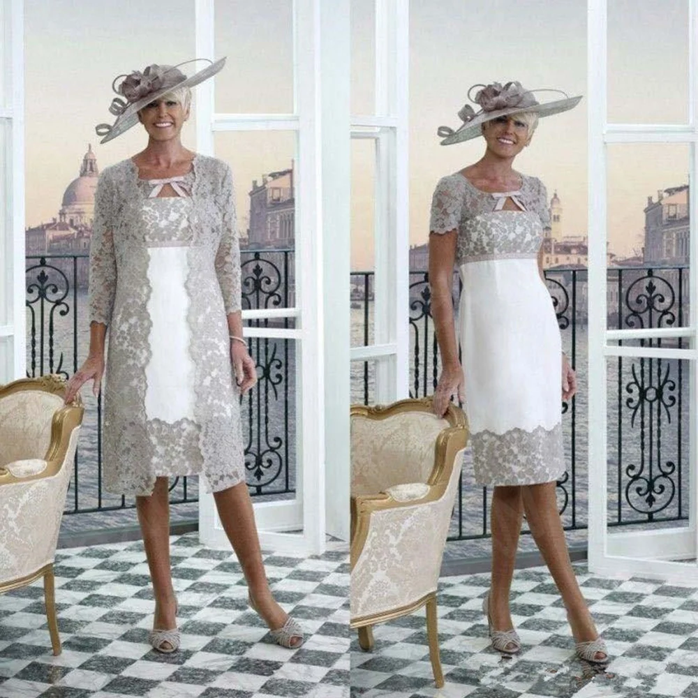 Vintage Silver Two Pieces Mother of the Bride Dresses with Coat Lace   Knee Length Wedding Party Gowns 2023 New