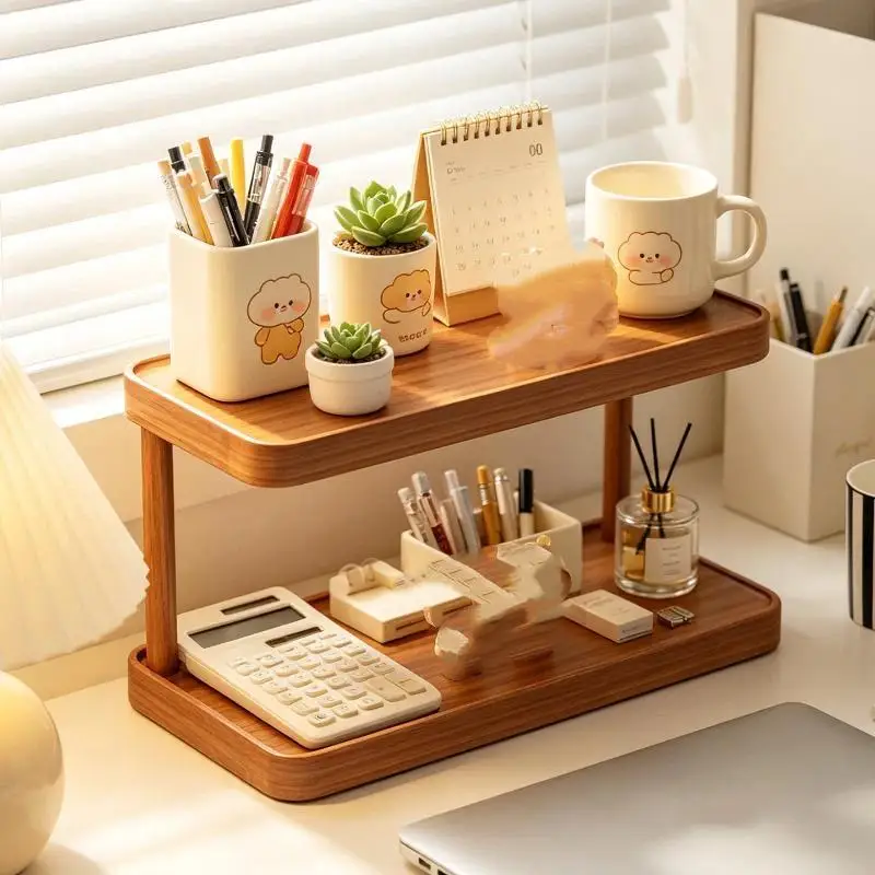 【K】Wooden 2/3 Tier Desktop Storage Shelf Sturdy Frame Multifunctional Large Storage Space For Home Office Study Organization