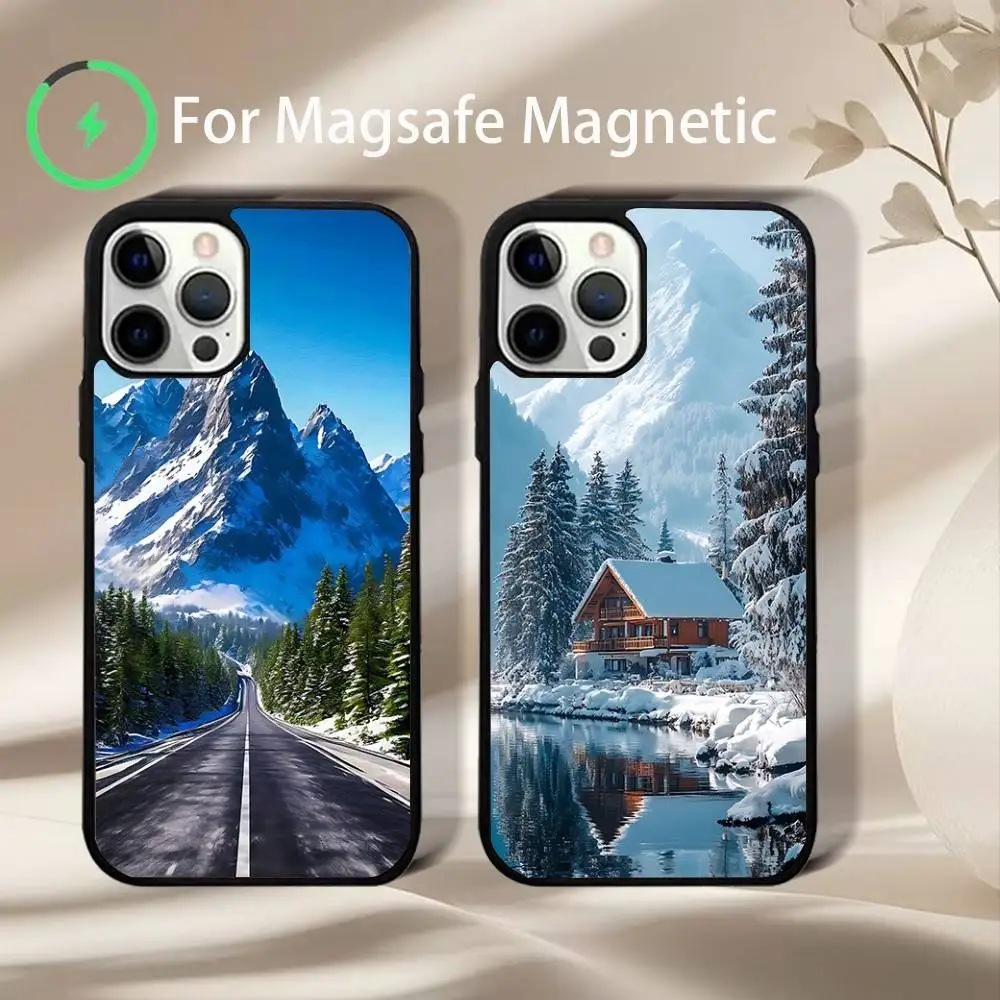 

Чехол Snow Mountain Road Landscape для iPhone 17,16,15,14,13,12,11, Pro, Max, Plus, Mini, SE4, E с магнитной беспроводной зарядкой Magsafe