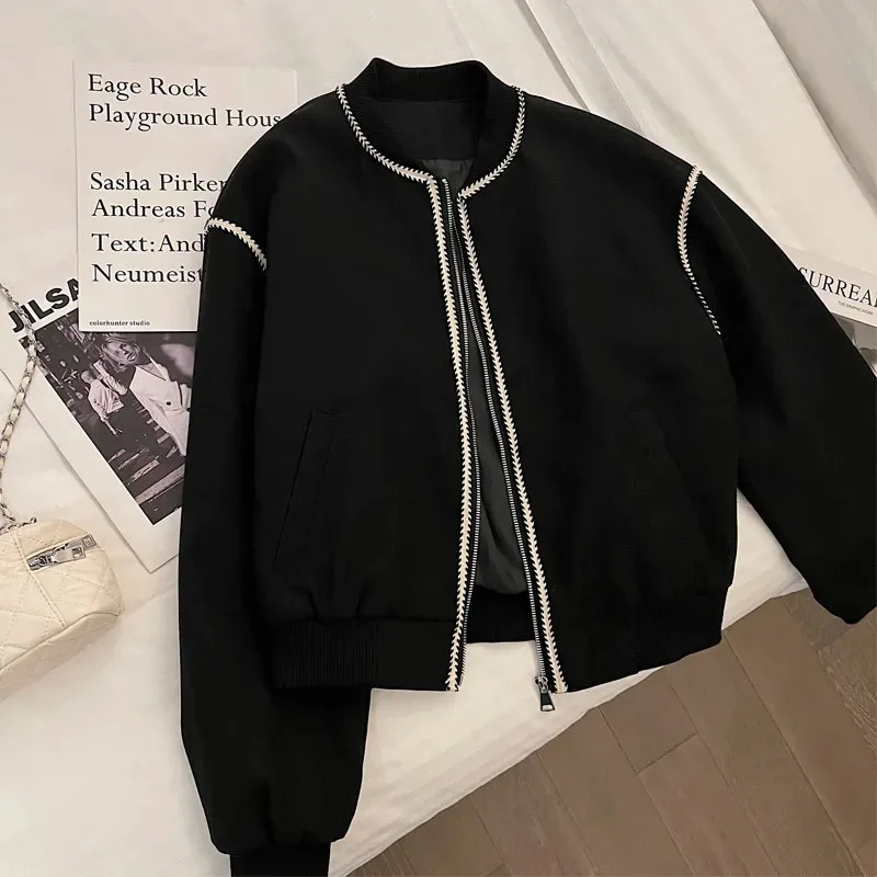 Vintage Stripe Splicing Women Jacket Y2K Autumn Korean V Neck Loose Baseball Coats Female Harajuku All-Match Warm Outwear New