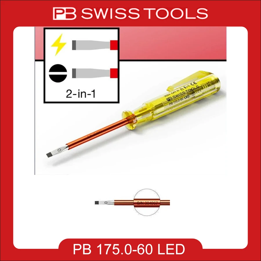 PB 175 0 60 LED PB Swiss Tools 2 in 1 LED Voltage Tester 100 250V AC Insulated Slotted Screwdriver Locksmith Tool