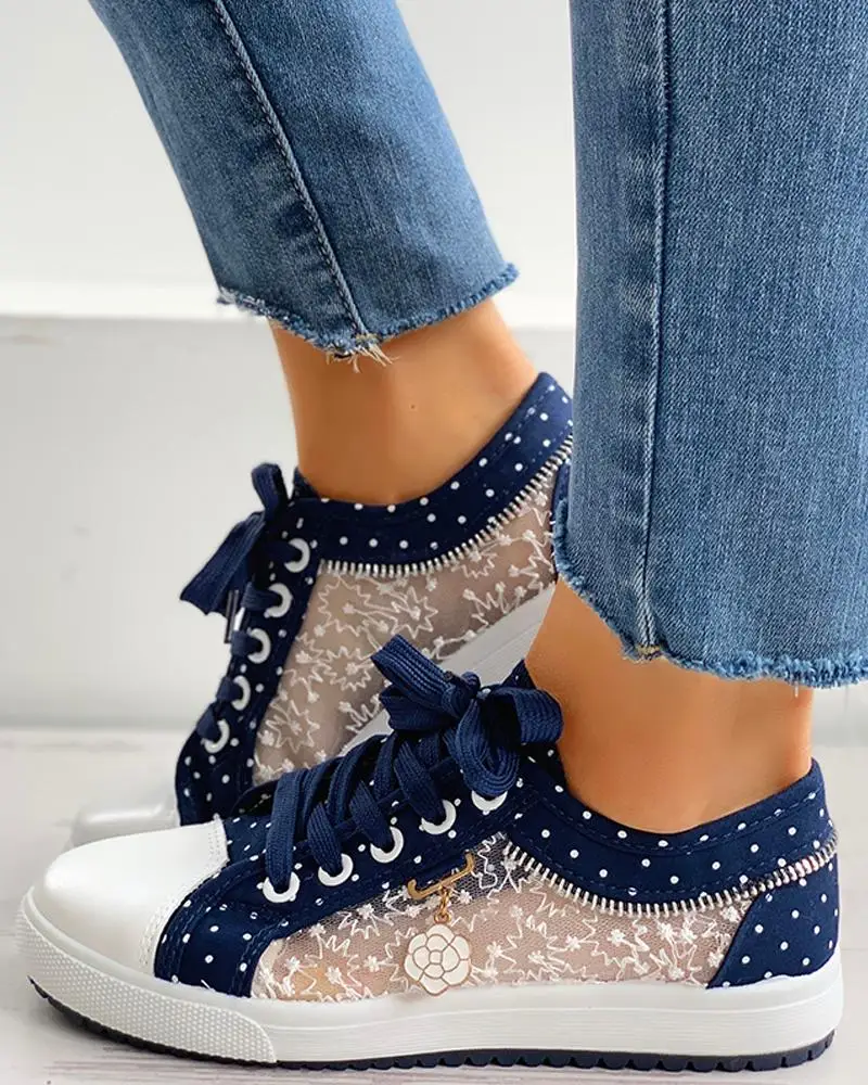 Polka lace Flats Women Casual Shoes Lace-Up Leisure Sexy Mesh Match Comfortable Chaussure Femme Hollow for 2023