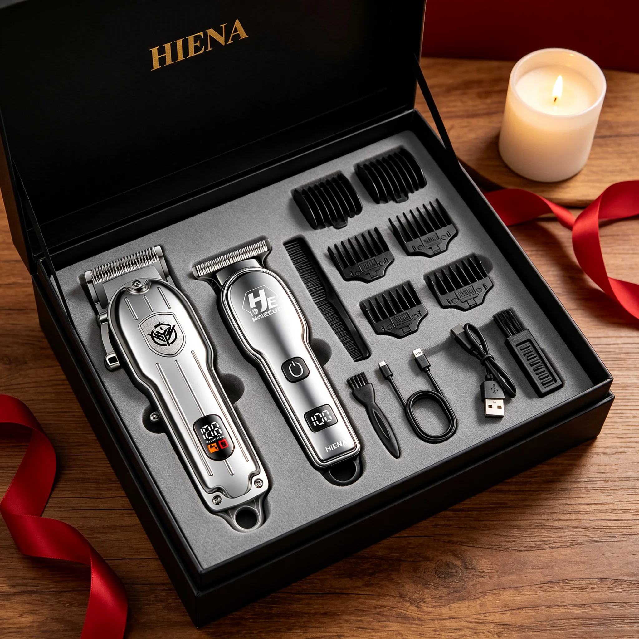 HIENA 2/1 Pieces Hair Clippers Set Barber Shop Oil Head Haircut Machine Professional Electric Sliver Hair Trimmer For Father