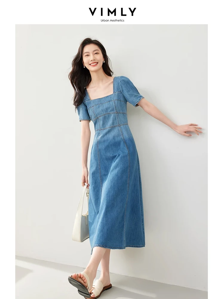 

Vimly Gradient Denim Dress Women 2024 Summer Casual Fashion Square Collar Short Sleeve Frenchy Midi Dresses Woman Clothes 16591