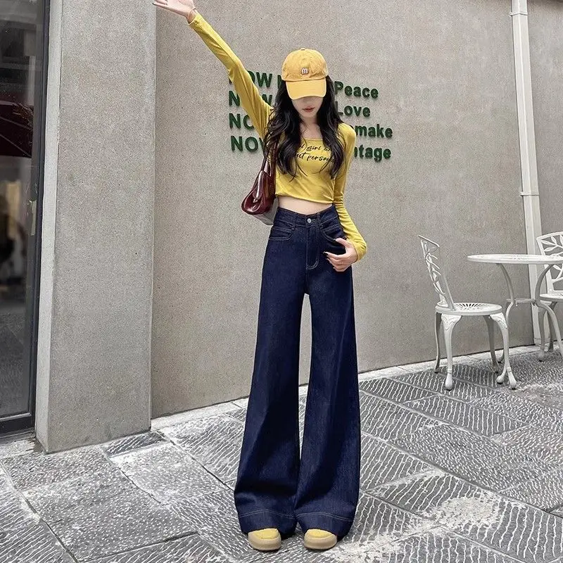 Tiefblaue Weite Jeans für Damen, Locker Geschnitten, Gerade, Frühling-Herbst Neuheit, Leicht Fallend, Schlankmachend, Micro-Schlaghose, Bodenlang, Trendig