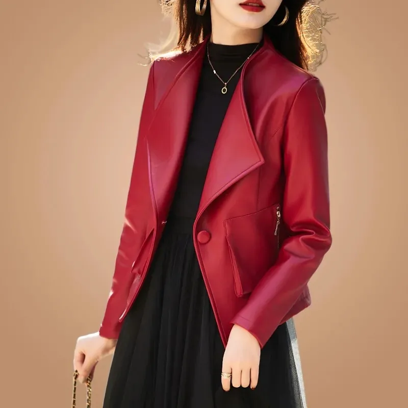 Fashion Red Black Short Leather Coat 2024 New Women Leather Jacket Casual Spring Autumn Jacket Tops Korean Version Suit Jacket