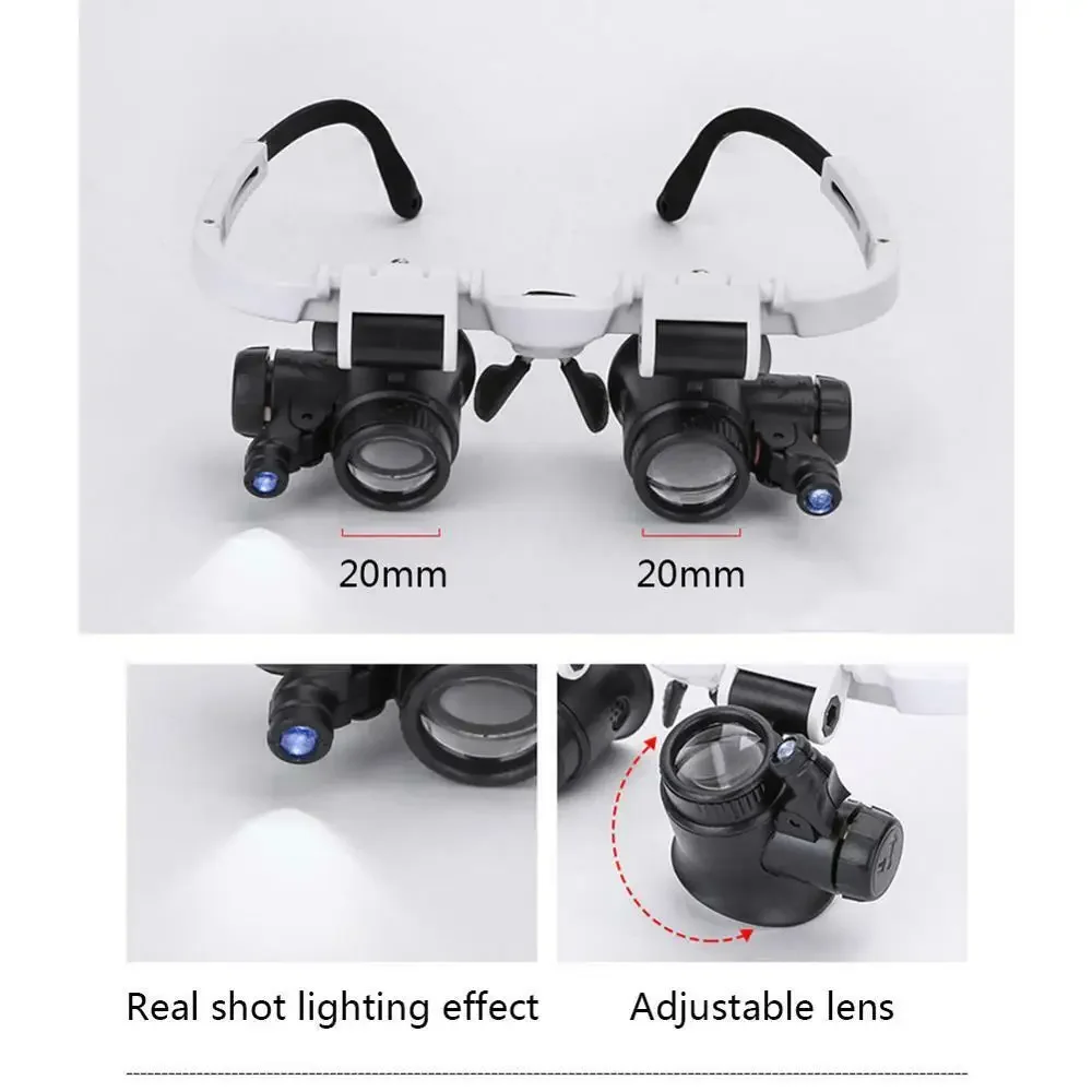 Verstellbare Kopfmontierte Lupe mit 2 LED-Leuchten, 8X 15X 23X Linsen für Uhren- und Juwelierreparaturen – Detail 4