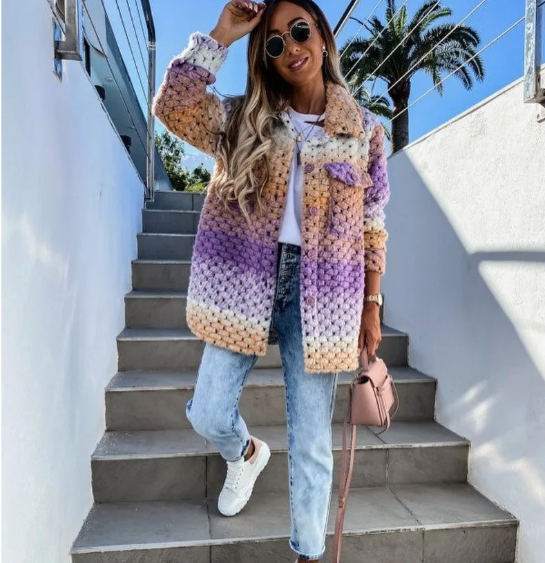

Women Print Wool Coat Single Breasted Thick Straight Blends Casual Full Sleeve Turn Down Collar Splice Coats Outwear Autumn