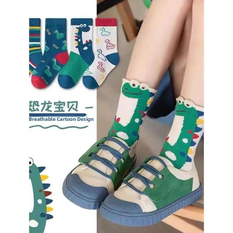 

Thickened Mid-calf Socks for Boys And Girls with Dinosaur Cartoon Print Spring Autumn Season Children's Footwear Baby Protection