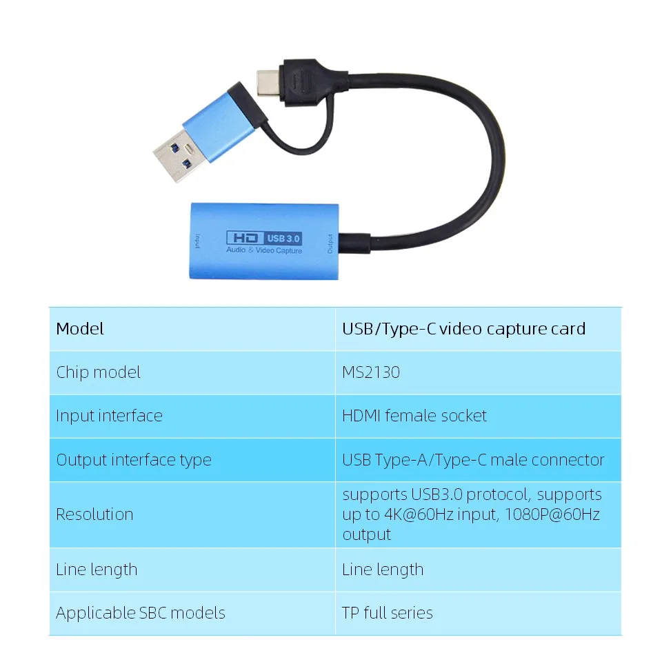 Video Capture Card para SBC, HDMI para USB, HDMI 2.0, Video Grabber Box, Cabo de Dados HD para PC, Computador, Single Board, 4K1080P