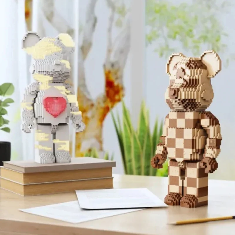 YKO Animal World Heart Plaid Bear Love Pet Doll LED Light Model DIY Mini Diamond Blocks Bricks Building Toy For Children No Box