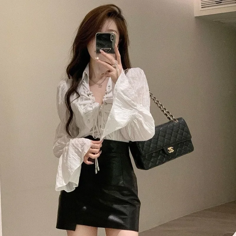 QWEEK Korean Style V Neck Shirt Lace Up Elegant and Youthful Woman Blouses Flare Sleeve Solid Color Chic Luxury Clothes Autumn