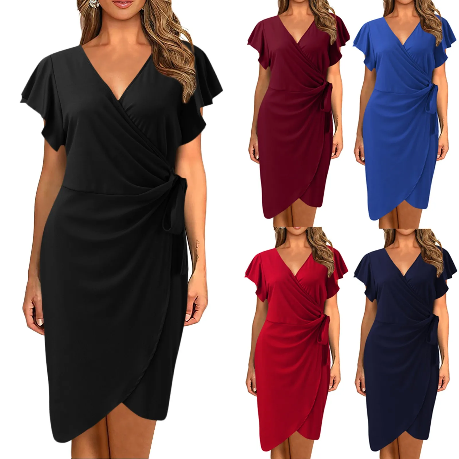 Womens Deep V Neck Ruffle Sleeve Women'S Dress Casual Work Faux Female Elegant Formal Dresses Cocktail Party Evening Vestidos