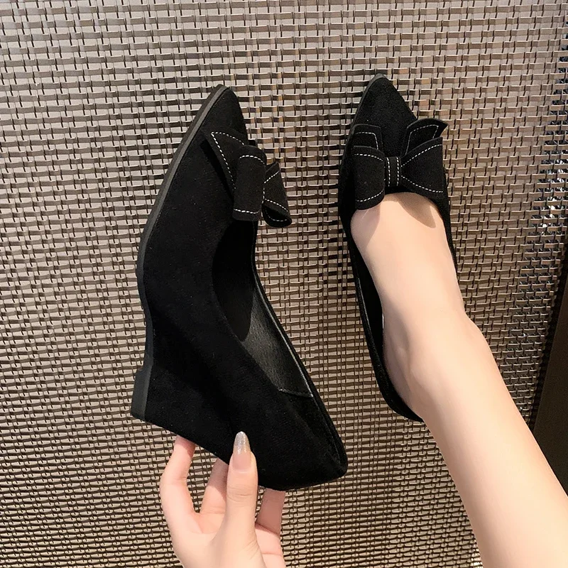 Women Fashion Bow Tie Flock Wedge Shoes Zapatos De Mujer Lady Platform Casual Black Office Party Shoes Sapatos Femininas