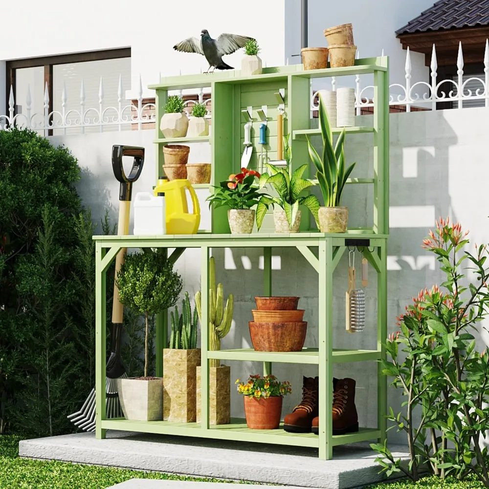 

Multi-Function 64.6" Large Outdoor Potting Bench, Garden Potting Table, Wood Workstation with 6-Tier Open Shelves, Backyard