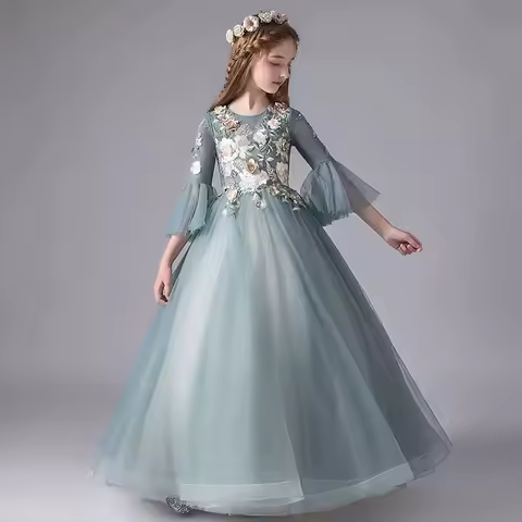 Children's Princess Dress Long Sleeve Autumn Spring Birthday Evening Dress Girls Host Dress Piano Performance Dress Puffy Dress
