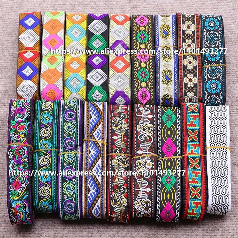 7 Yards 3.3cm Jacquard Ribbon Ethnic Lace Trim Embroidered Woven Webbing Tape For Clothing Sewing Fabric Geometric Pattern