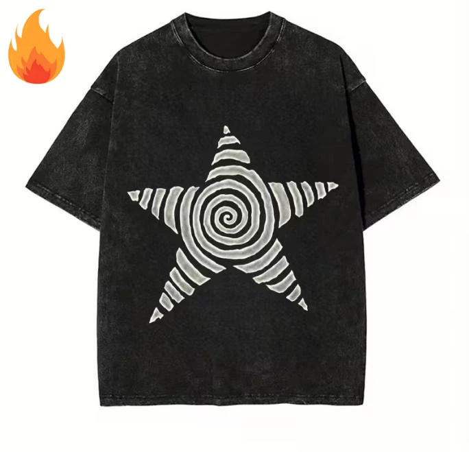 Y2K Star Graphic T Shirt Men Vintage Acid Wash Oversized Tee Opium Streetwear Harajuku Spiral Vortex Heavy Cotton Top Unisex 2026