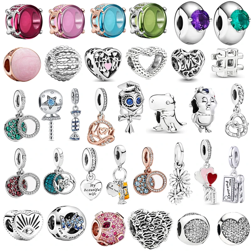

S925 Серебряный Pave Циркон Двойной Висячий Шарм Красочные Бусины Сглаза Сердце Бегемот Подходит Оригинальный Браслет Пантора Ювелирные Изделия DIY Подарок