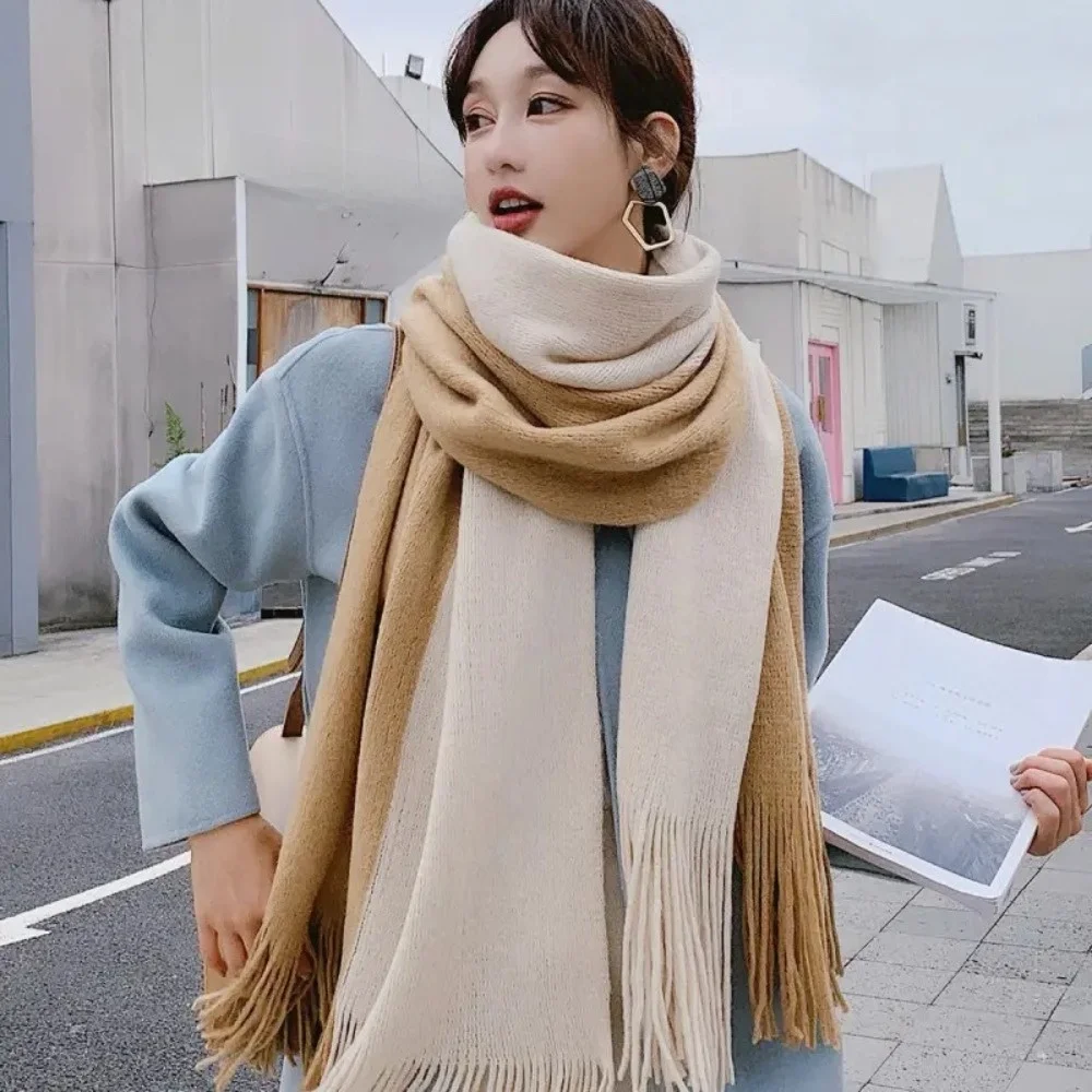 

Simple Korean Style Women Cashmere Scarf Thickened Splicing Color Long Wool Tassel Scarf Windproof Warm Winter Neckerchief Girls