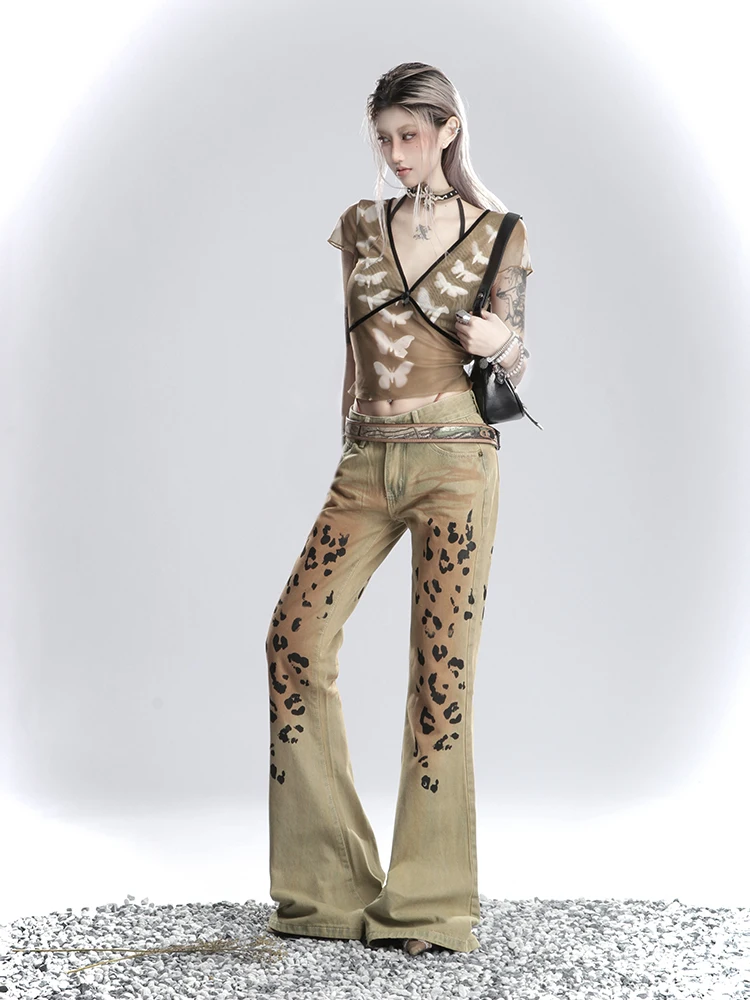 American High Street Washed Leopard Print Jeans Women Summer New Design Sense Niche Vintage Flared Pants