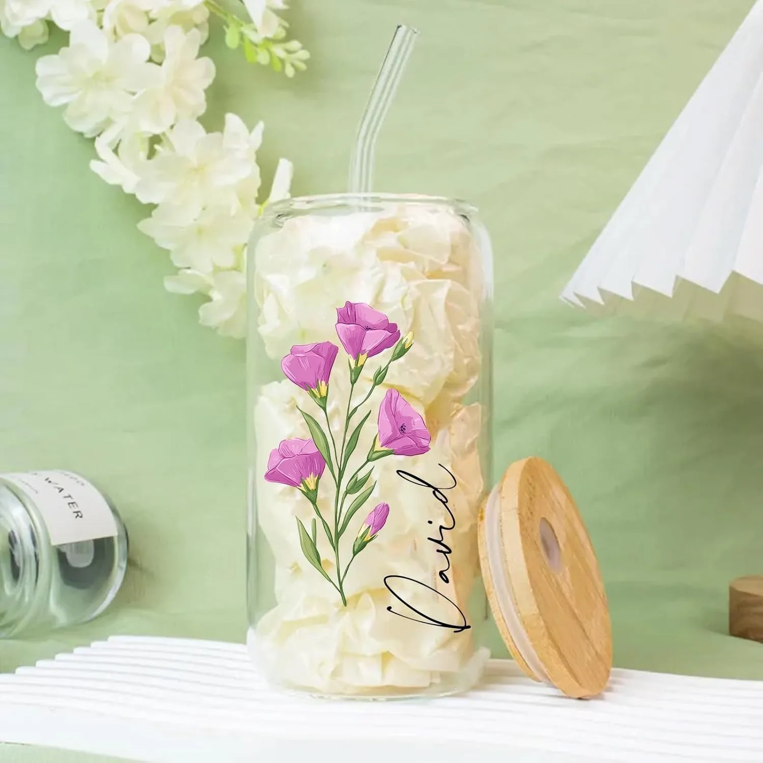 Customizable Flower LOGO Glass Cup, 500ml Water Cup High Borosilicate Glass Cup Soda Can Cup Mason Jar, With Lid and Straw