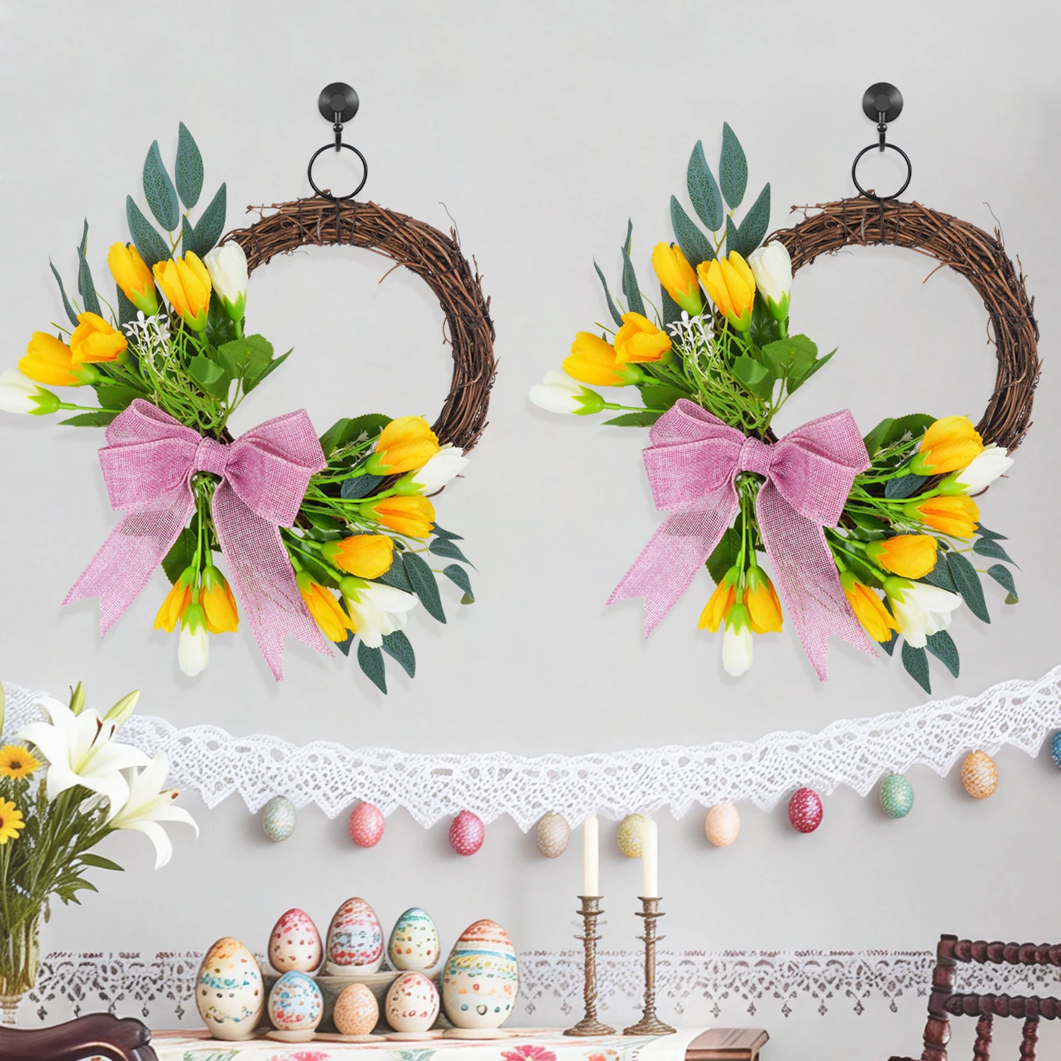 

Венок ручной работы из тюльпанов с бантом для пасхального декора, подарка на День святого Валентина, День матери, весеннего украшения дома и дверей