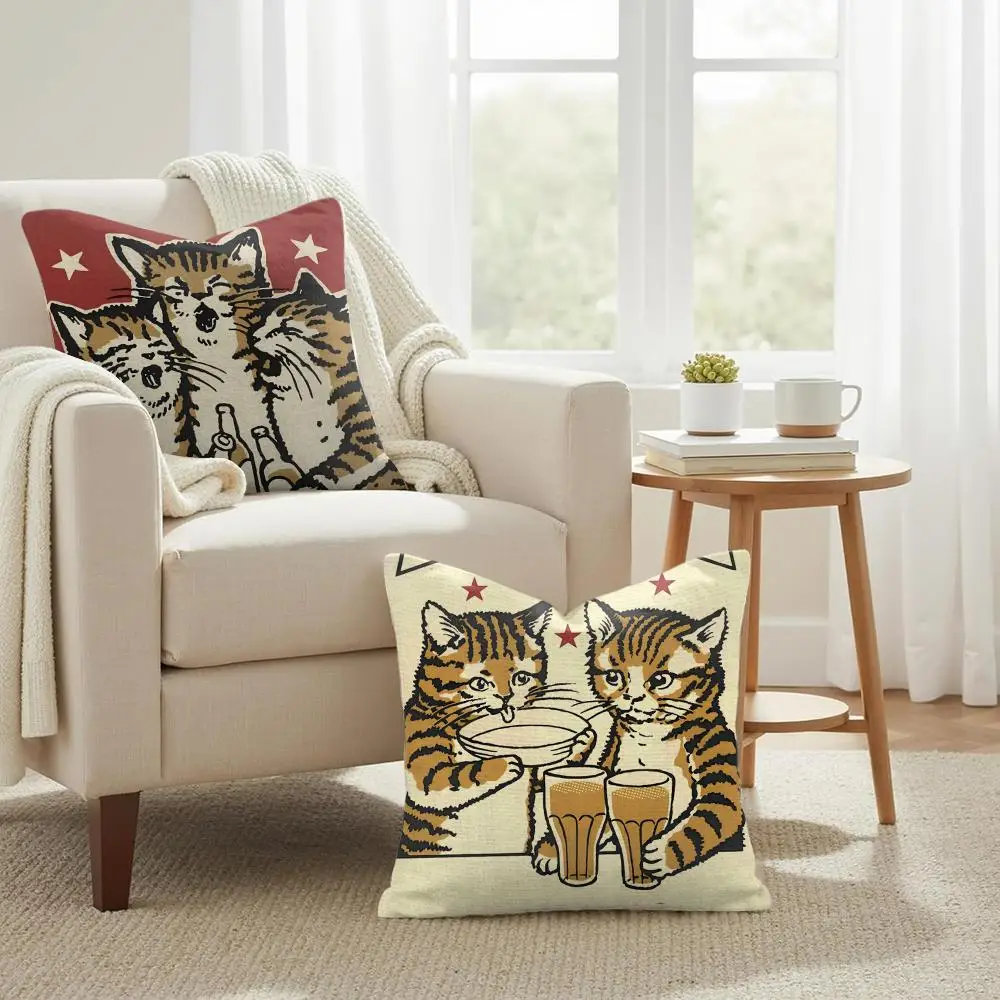 Cheers Drunk Cats Cushion Cover Double-Sided Printed Organic Linen Pillow Cover, Decorative for Sofa Home