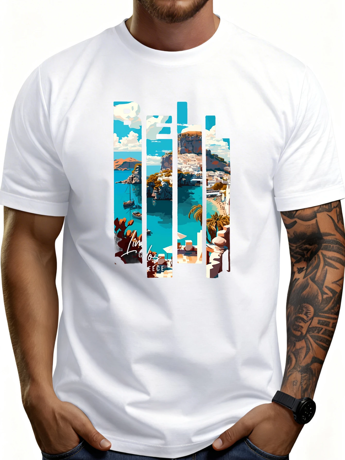 Casual Style Men's T-Shirt with Summer Beach Scenes, Tropical Islands, and Sea Views, Perfect for Vacation Wear, an Ideal Gift for Travel Enthusiasts and Adventurers.