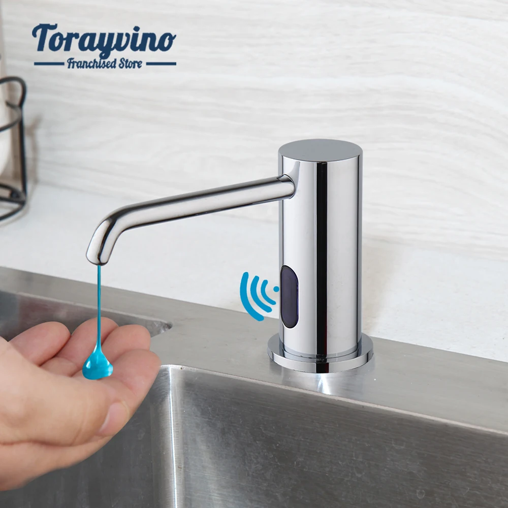 

Torayvino Kitchen Sink Automatic Sensor Soap Dispenser Brushed Nickel Deck Mounted Hand Wash Built-in Design Liquid Soap Bottle