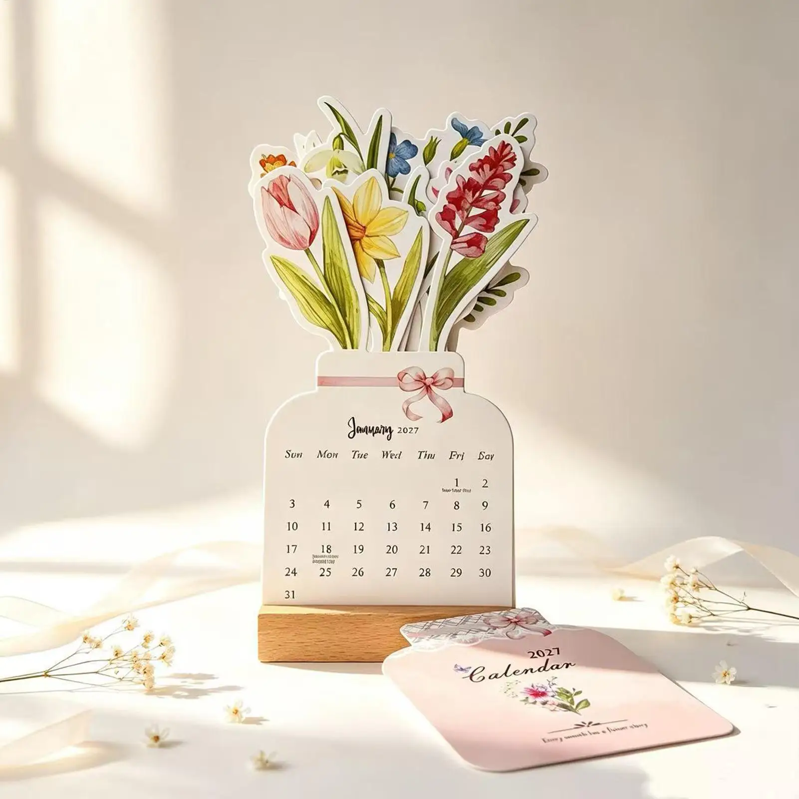 Flower Desk Calendar 12-Month 2027 Tabletop Decorations Desktop Planner Calendar for Students Teachers Birthday Holiday Gifts