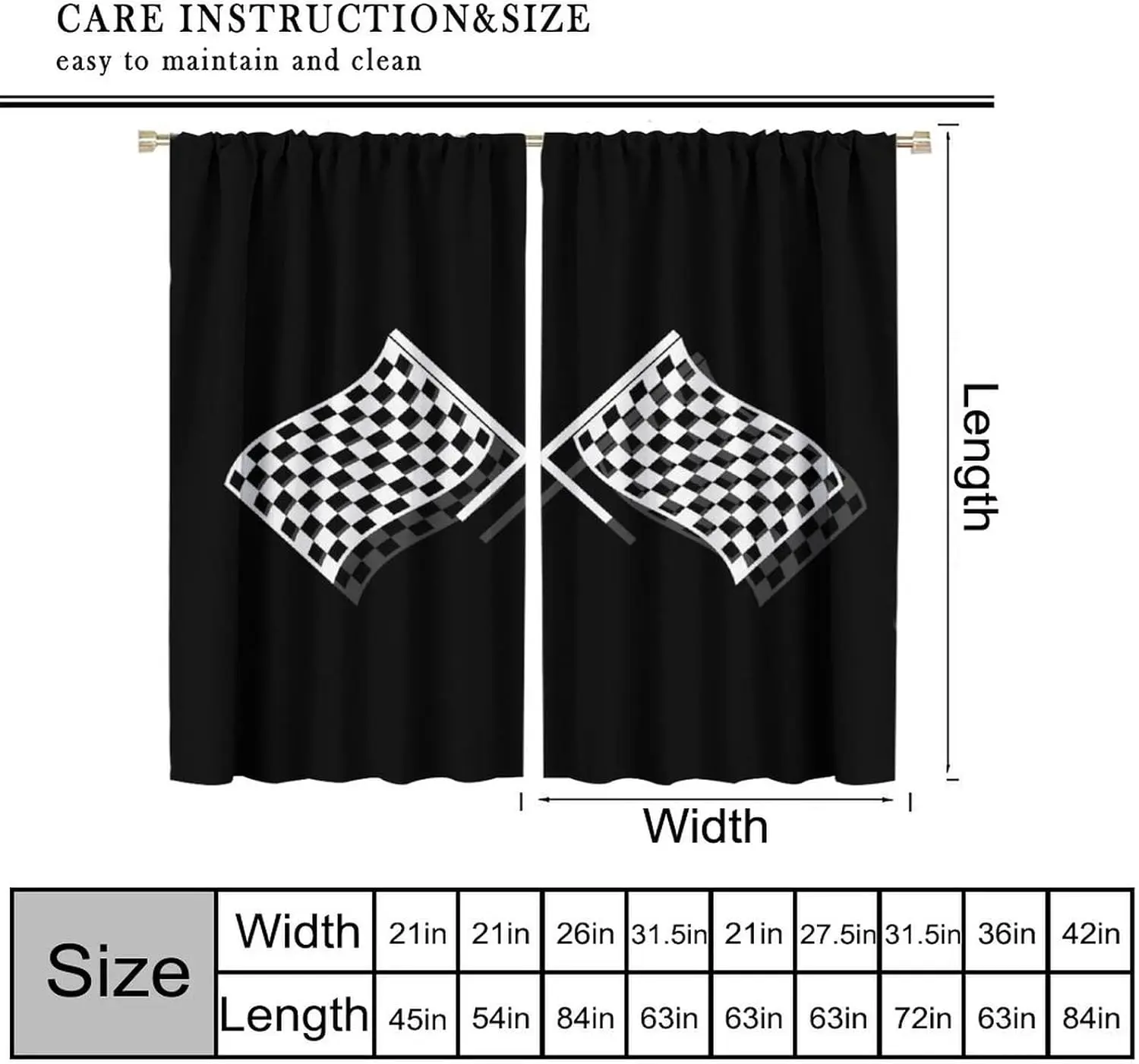 Racing Car Curtains for Boys Flags Extreme Sports Themed Grid Black White Check Pattern 3D Blackout Window Drapes for Bedroom