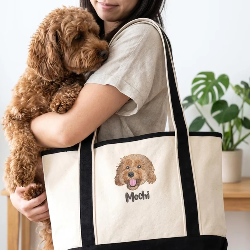 Custom Canvas Tote Bag Personalized Pet Portrait Dog Cat Mom Gift Large Capacity Inner Zipper for Women Daily Commute