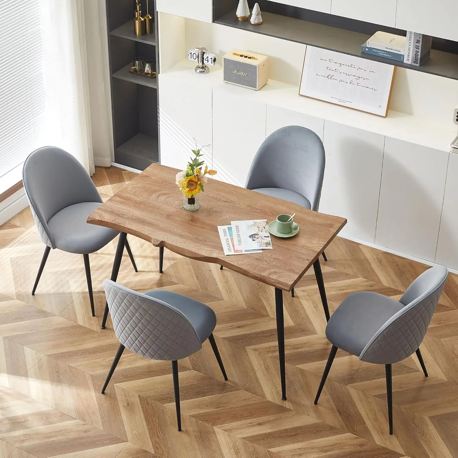 

5-Pieces Dining Table Set for 4,Unique Design Home Desk Thick Tabletop Dining Table with Stable Metal Legs & 4 Upholstered Dinin