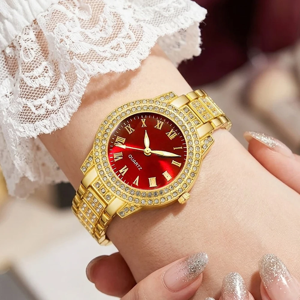 4Pcs/Set Unisex Jewelry Watches Women's Wristwatch Accessories Gold Red Trendy Fashion Business Elegant Classic Exquisite Light Luxury Rhinestone Luxury Bracelet Watch Set Suitable for Daily Outfits Perfect Holiday Gift view 5