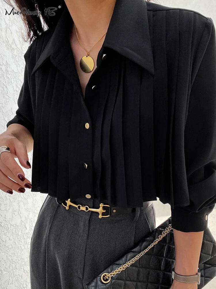 Mnealways18 Elegant Pleated Chiffon Shirts For Women Turn Down Collar White Classic Blouses And Tops Autumn Winter Black 2024