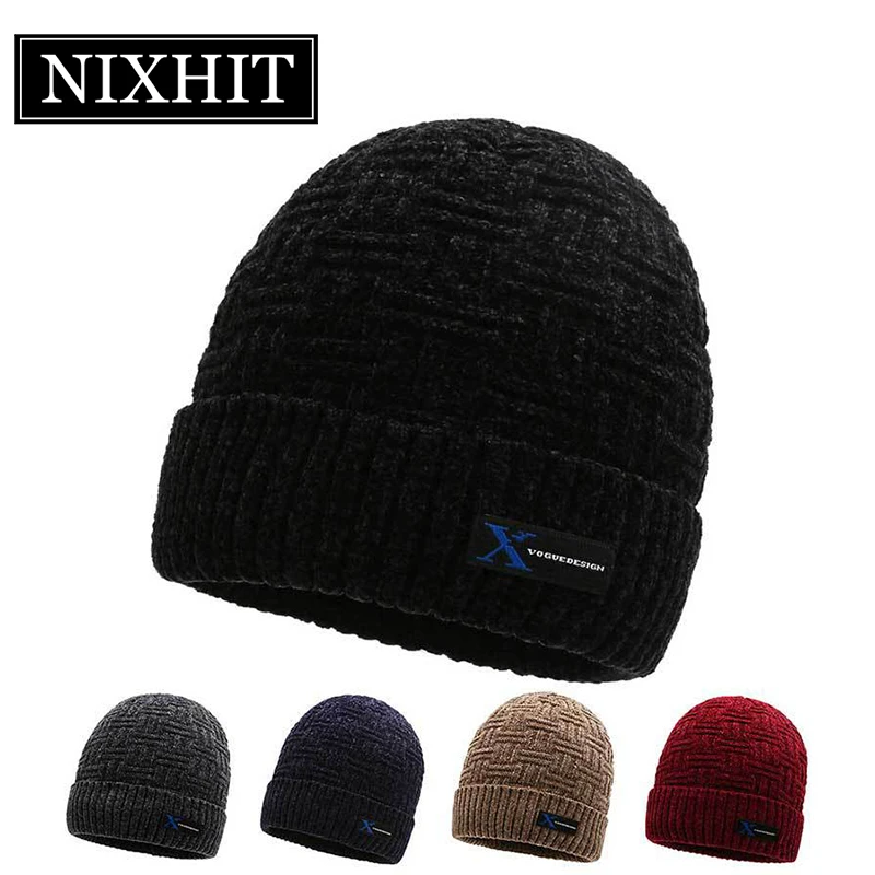 

NIXHIT Skullies Beanies Men Winter Hat Knitted Hats For Men Cap Winter Beanie Plus Velvet Thick Warm Fur Men's Hat Riding Z252