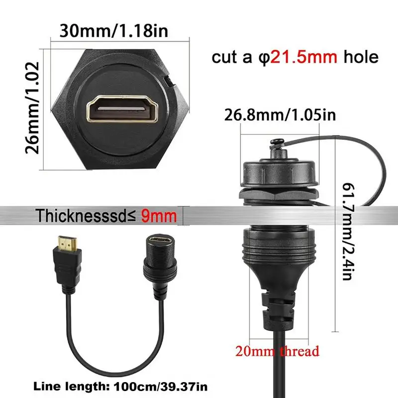 

Male To Female Extension Cord HDMI Threaded Fixed Mount Car Display Waterproof Cord With Dust Cover Dash Installation For Truck