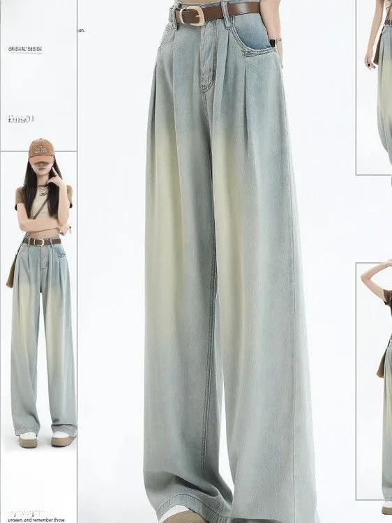 High Waist Wide Leg Denim Jeans Women's Spring 2026 New Style Small Size Pleated Light Color Retro Loose Straight Long Pants