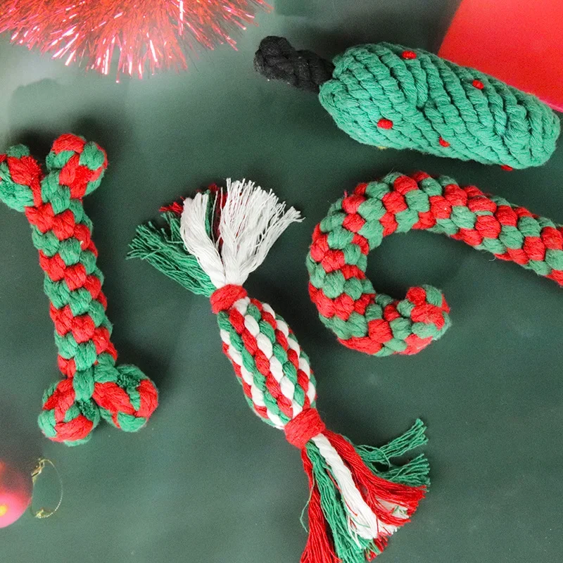 Christmas Dog Toys Braided Cotton Rope Candy Bones Pet Toy for Small Large Dog Bite Resistant Molar Teeth Cleaning Dog Chew Toys